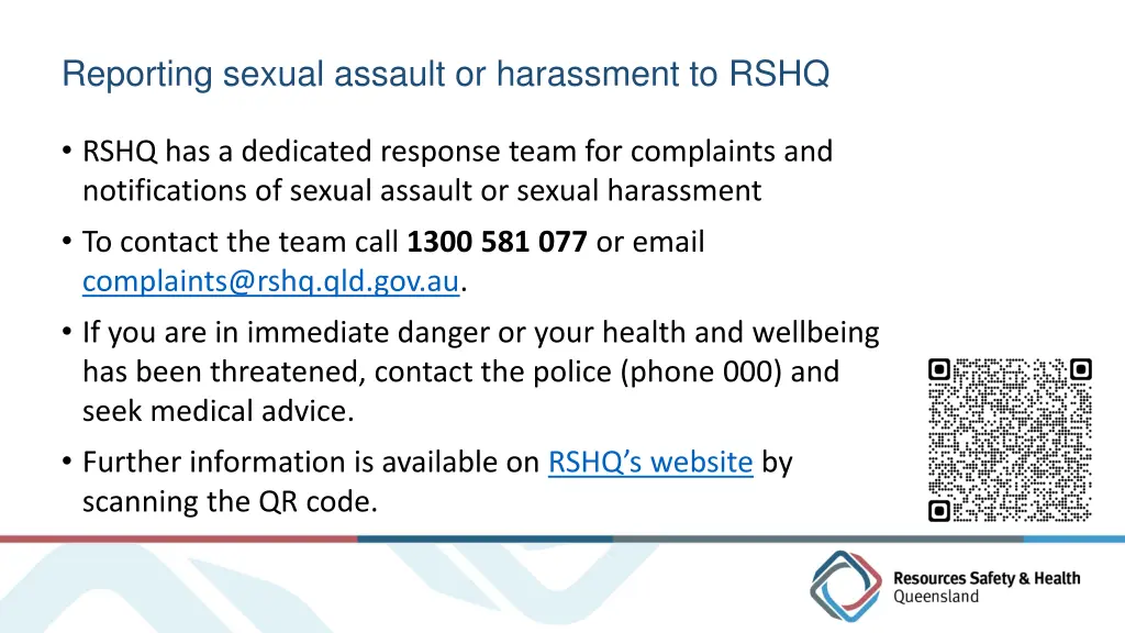 reporting sexual assault or harassment to rshq