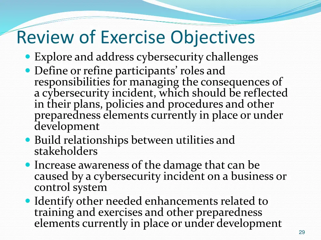 review of exercise objectives explore and address