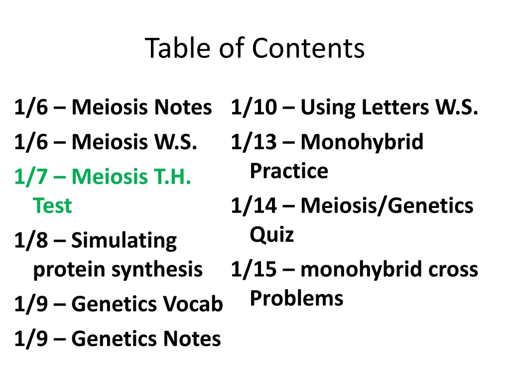 table of contents