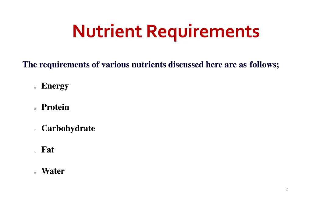 the requirements of various nutrients discussed