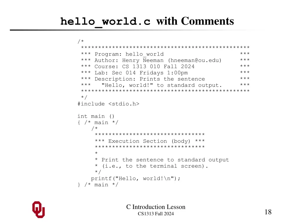 hello world c with comments