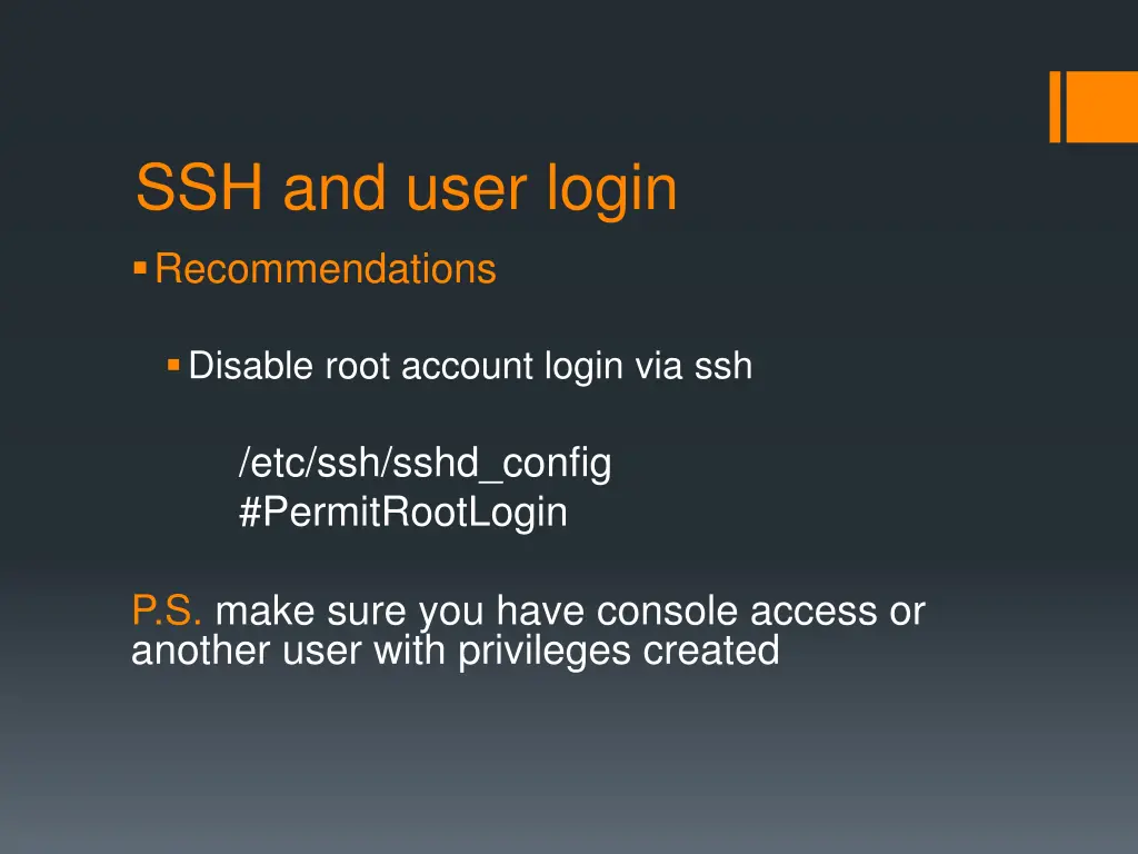 ssh and user login recommendations