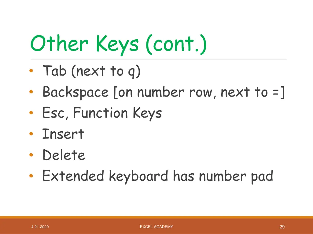 other keys cont tab next to q backspace on number