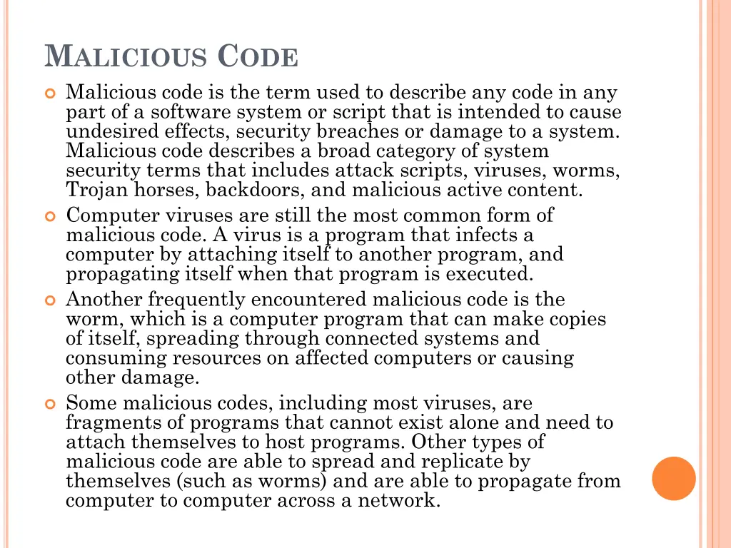 m alicious c ode malicious code is the term used