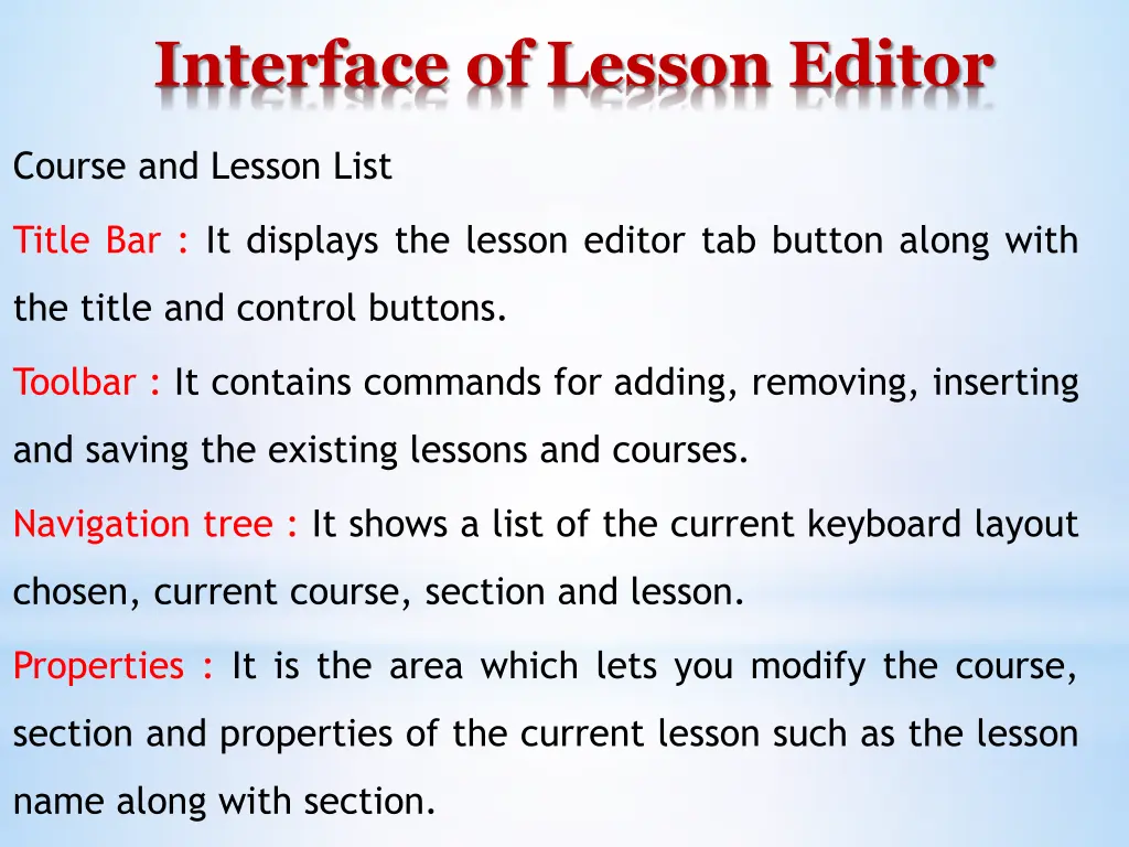 interface of lesson editor