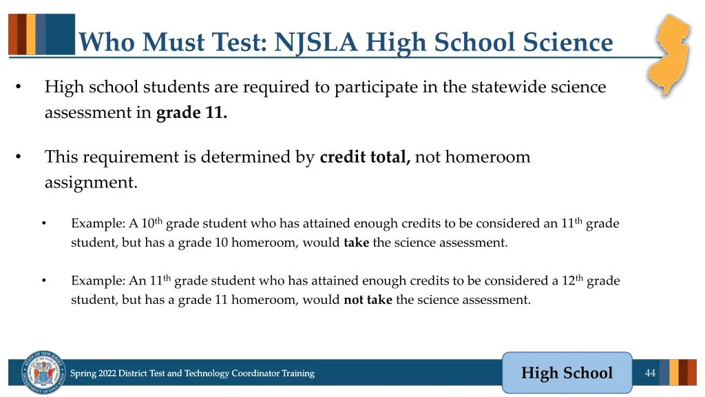 who must test njsla high school science