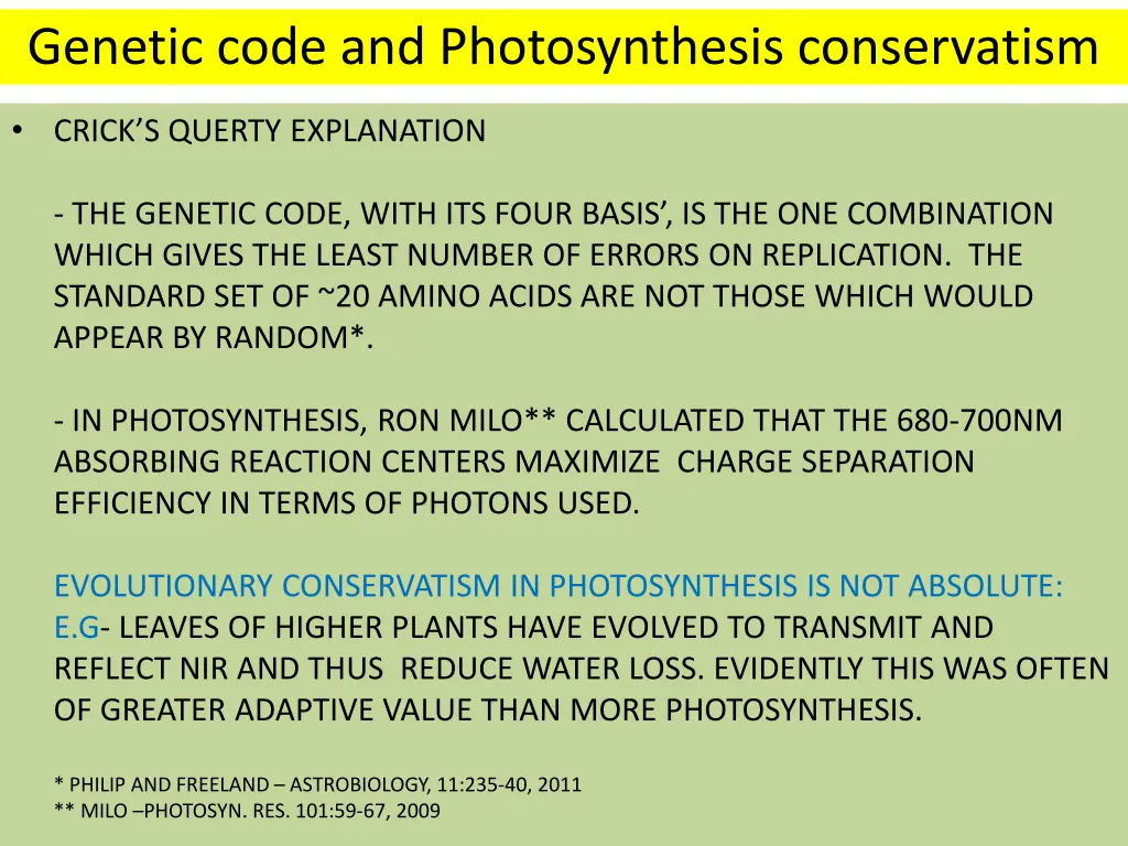 genetic code and photosynthesis conservatism