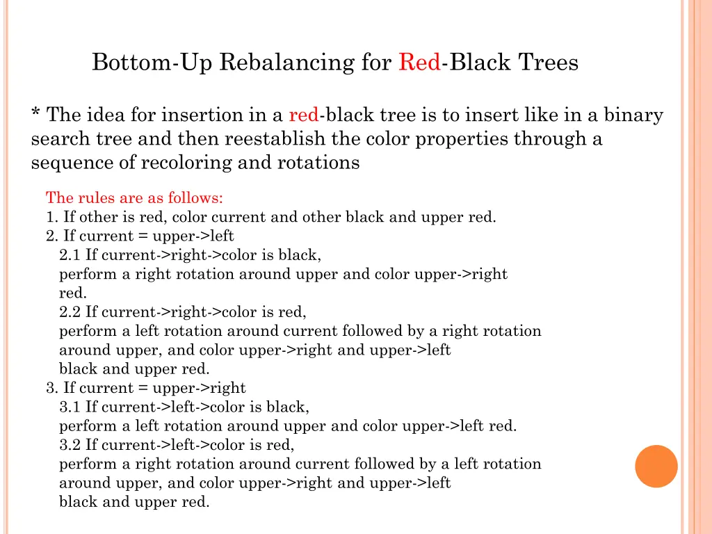 bottom up rebalancing for red black trees