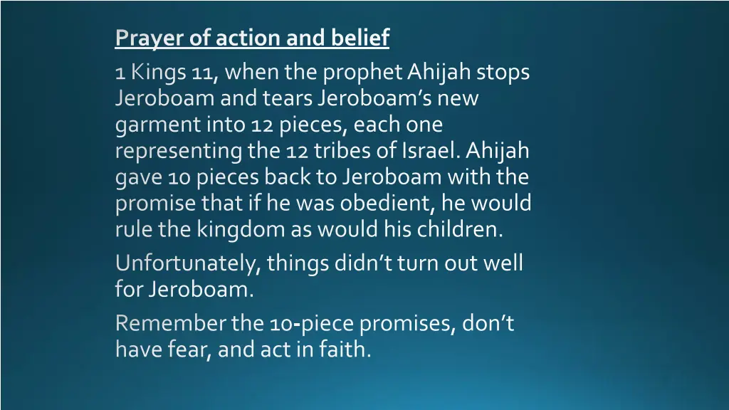 prayer of action and belief 1 kings 11 when