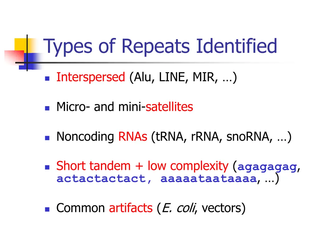 types of repeats identified