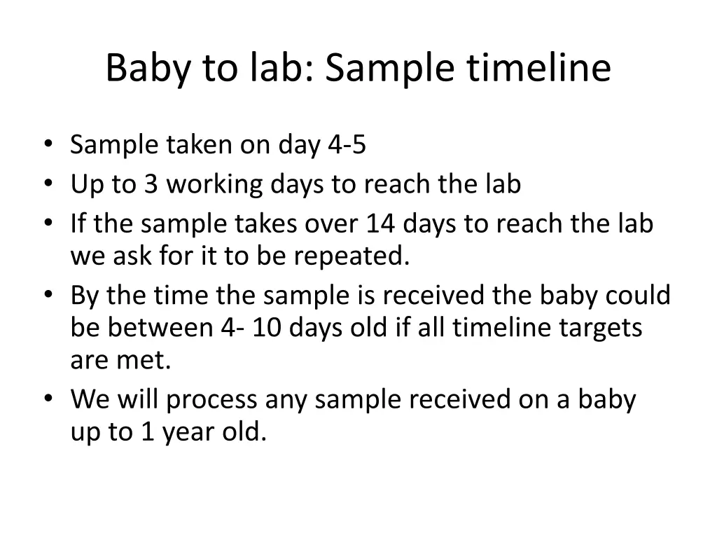 baby to lab sample timeline