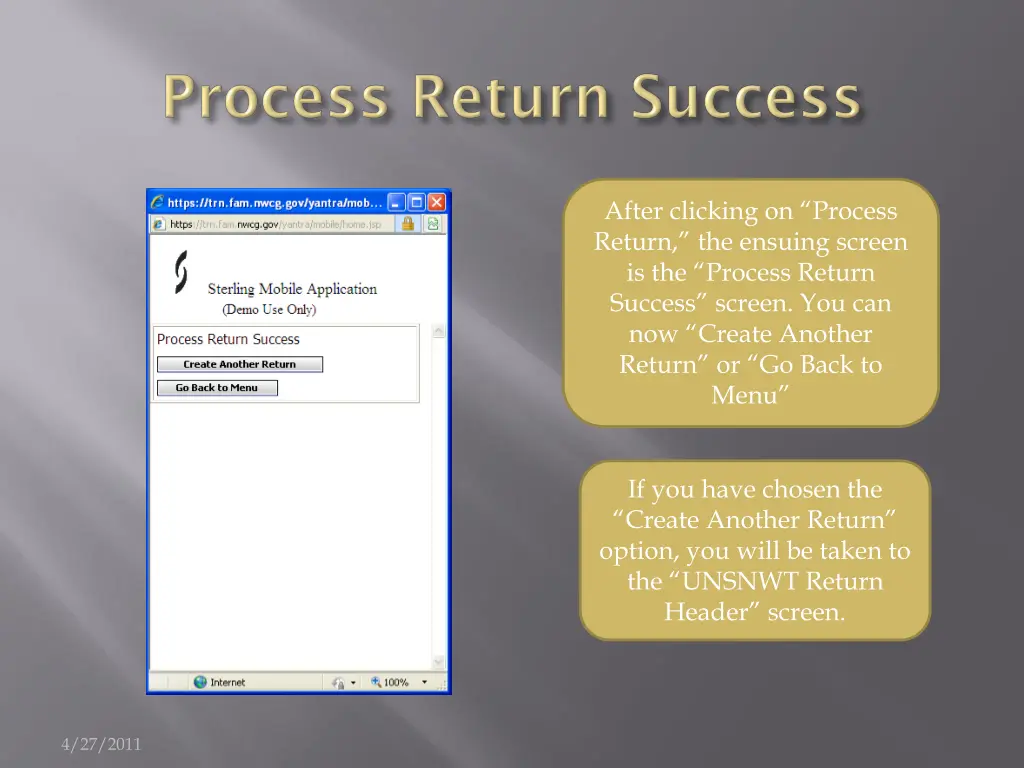 after clicking on process return the ensuing