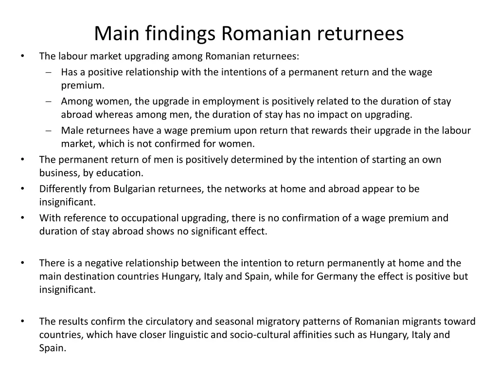 main findings romanian returnees the labour