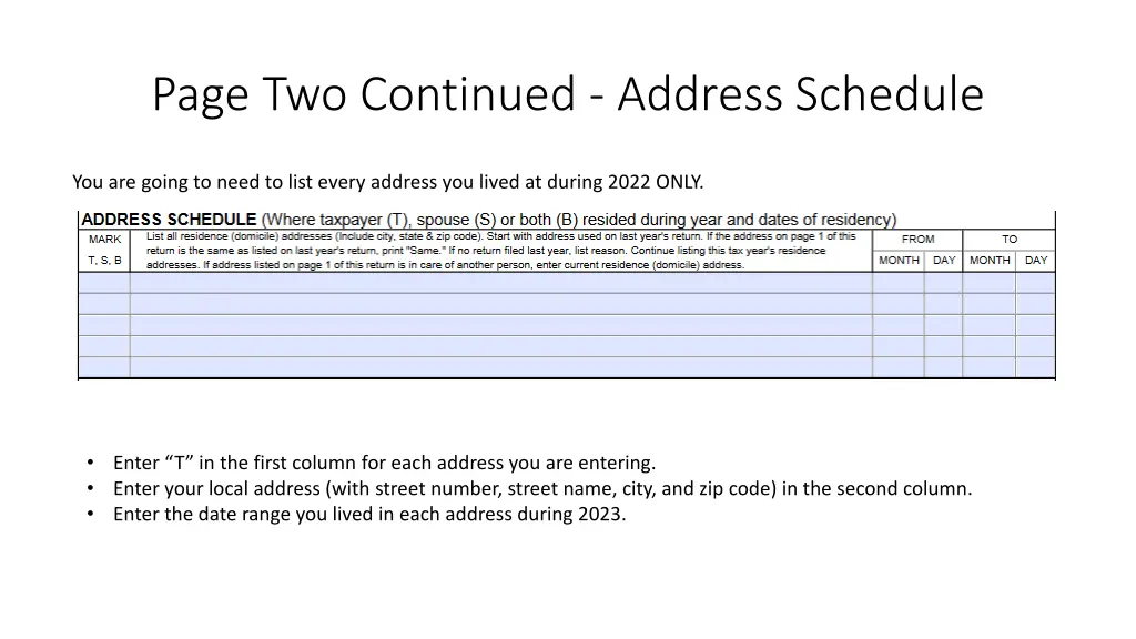 page two continued address schedule