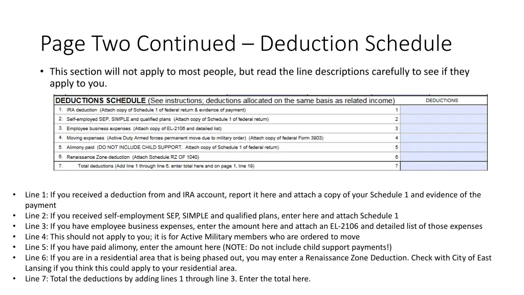 page two continued deduction schedule