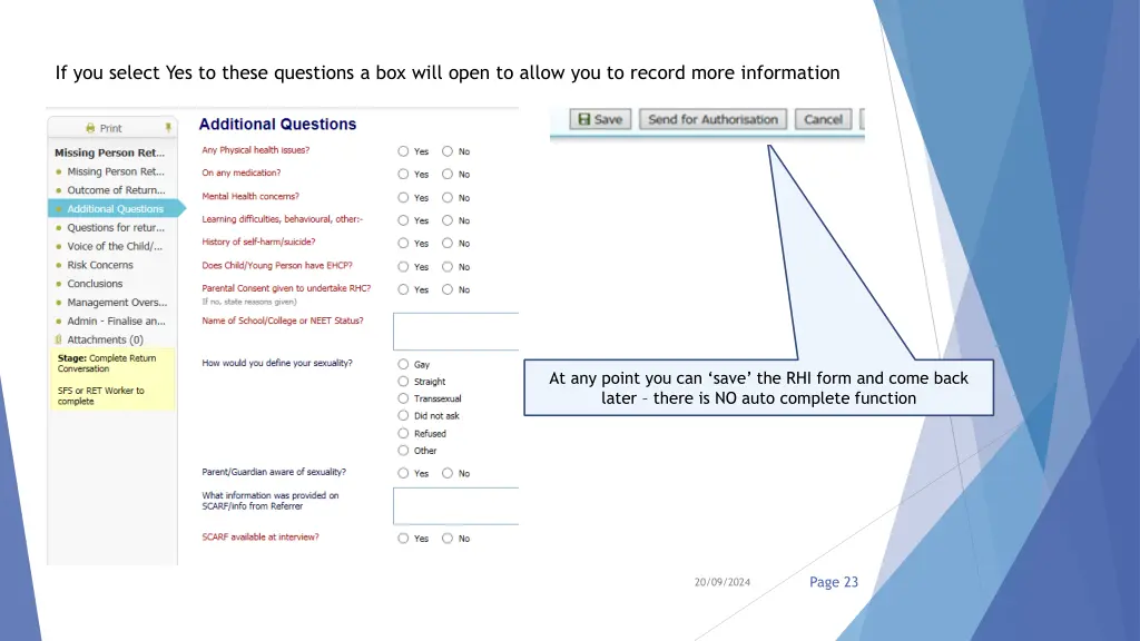 if you select yes to these questions a box will