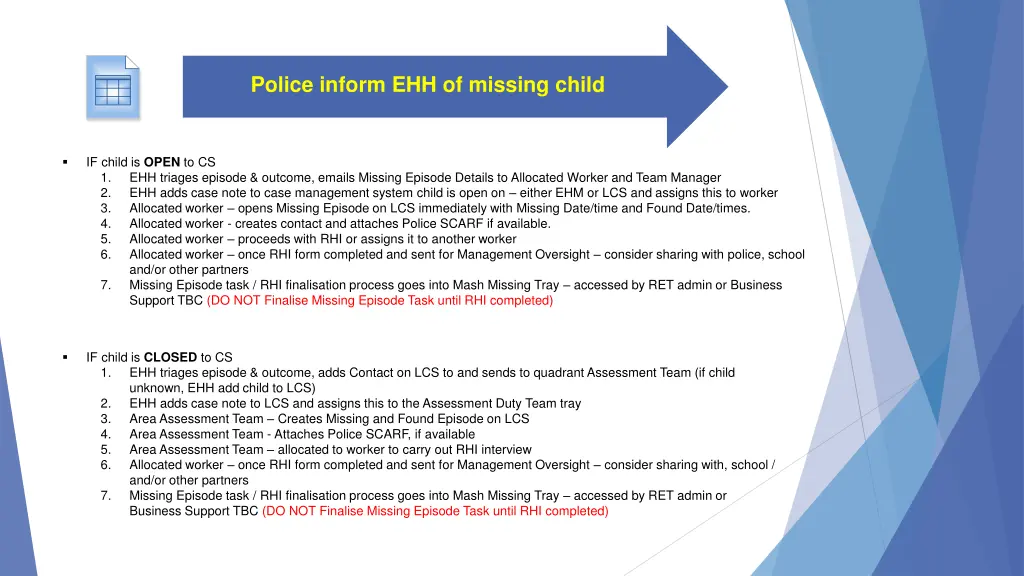 police inform ehh of missing child