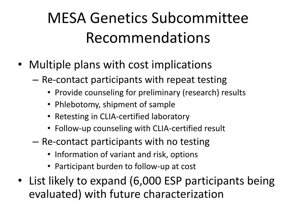 mesa genetics subcommittee recommendations