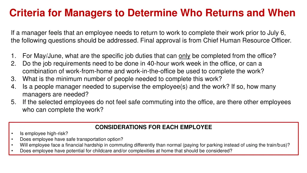 criteria for managers to determine who returns