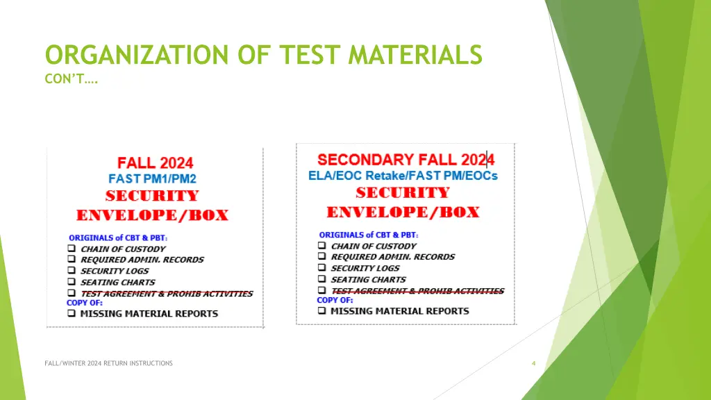 organization of test materials con t 1