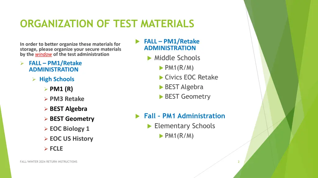 organization of test materials