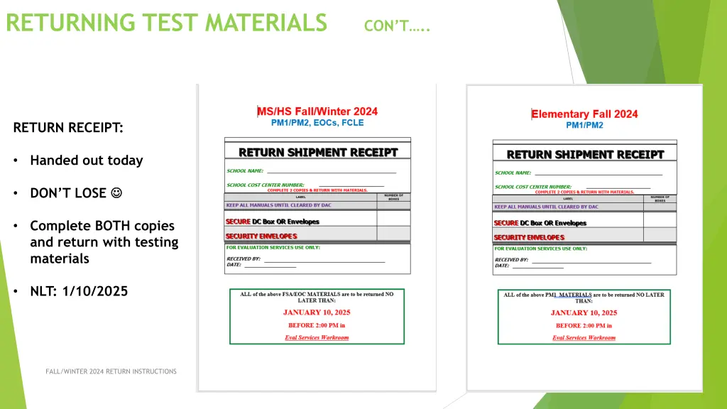 returning test materials con t