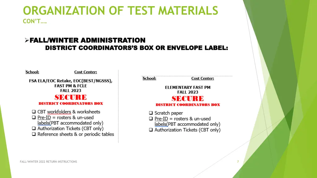 organization of test materials con t 2