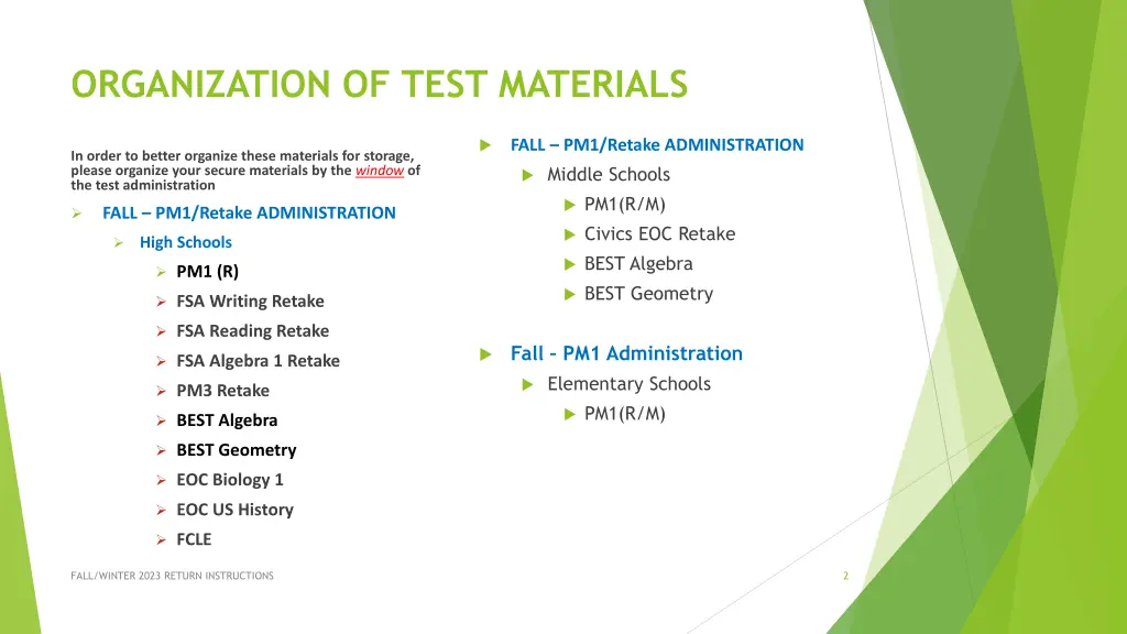 organization of test materials