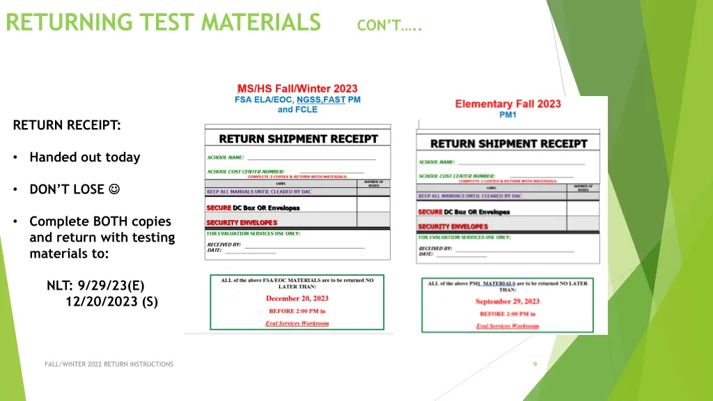 returning test materials con t