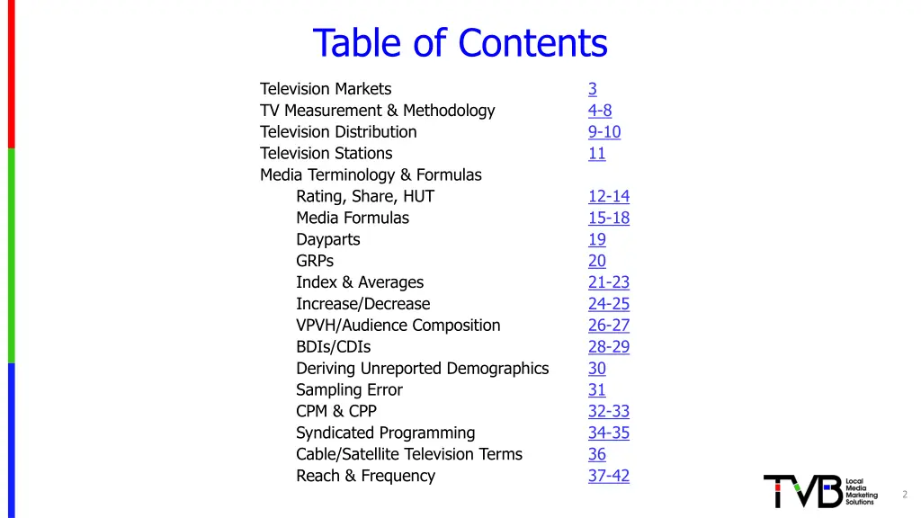 table of contents