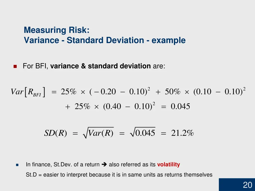 measuring risk variance standard deviation example 1