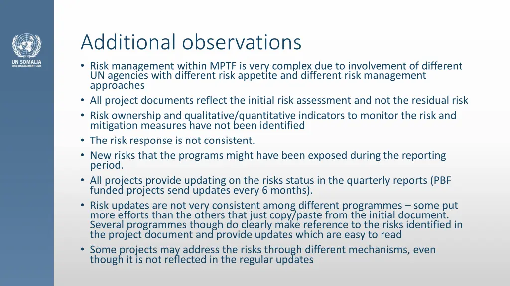 additional observations risk management within