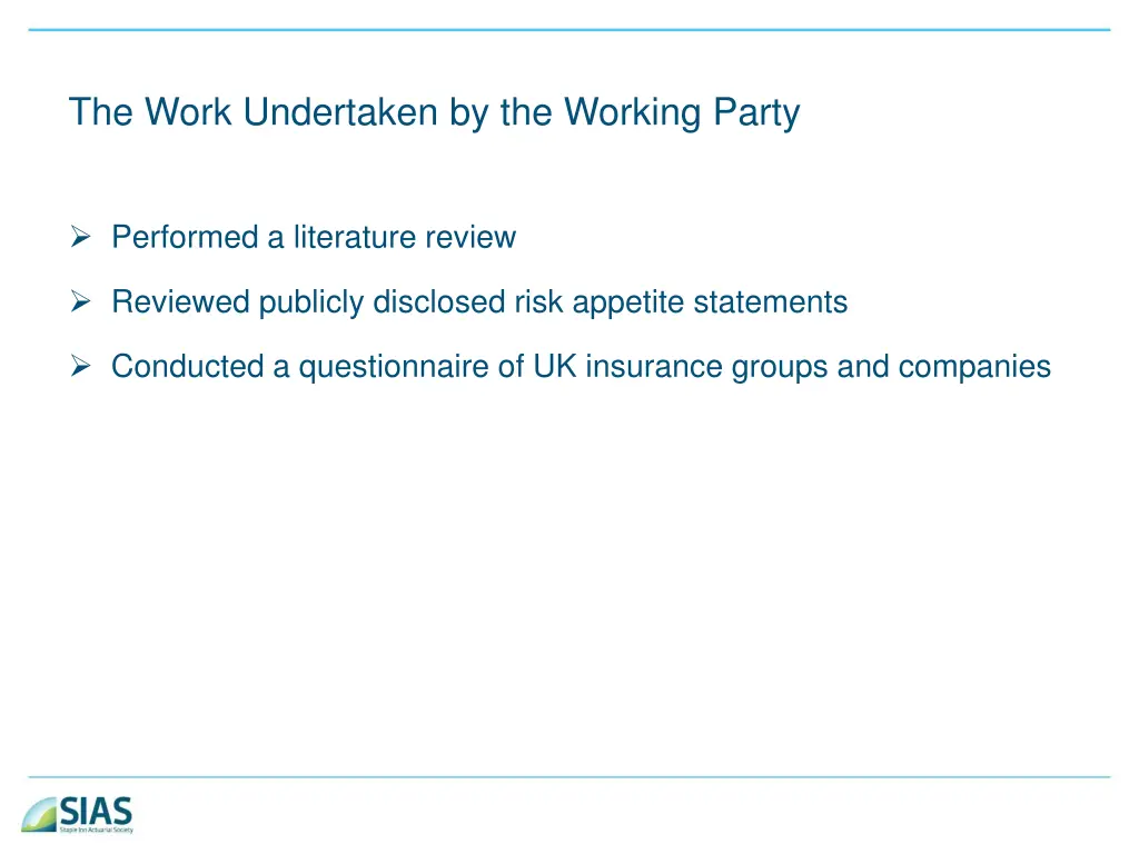 the work undertaken by the working party