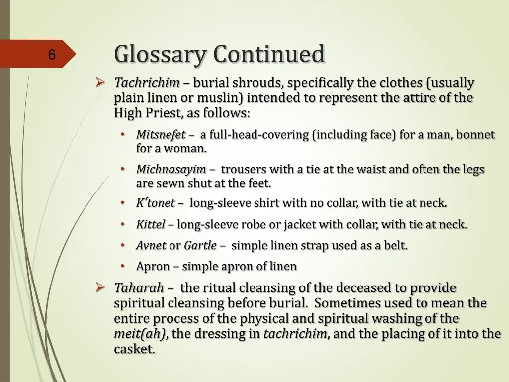 glossary continued tachrichim burial shrouds