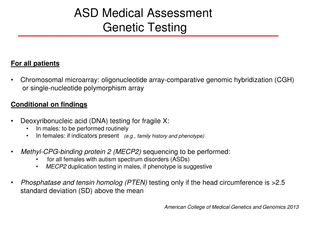 asd medical assessment genetic testing