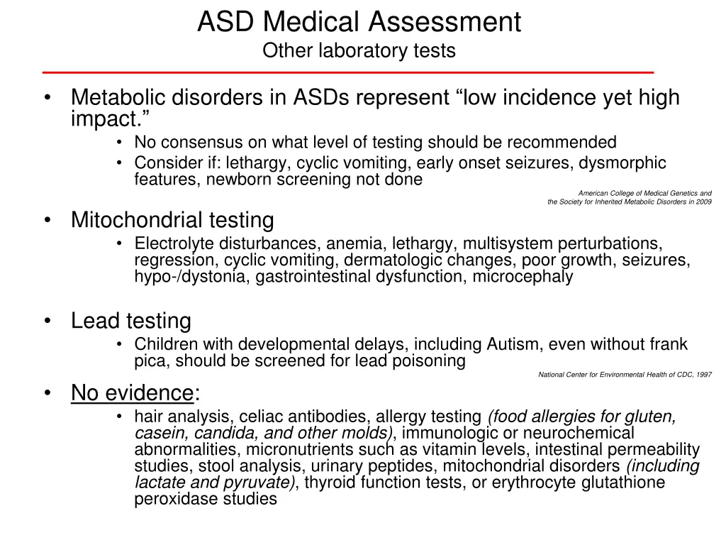 asd medical assessment other laboratory tests