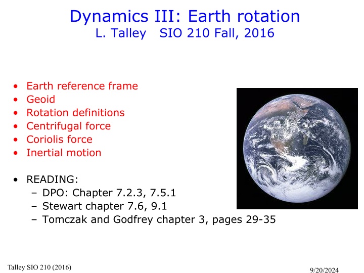 dynamics iii earth rotation l talley sio 210 fall