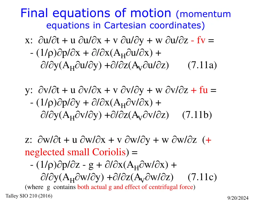 final equations of motion momentum equations