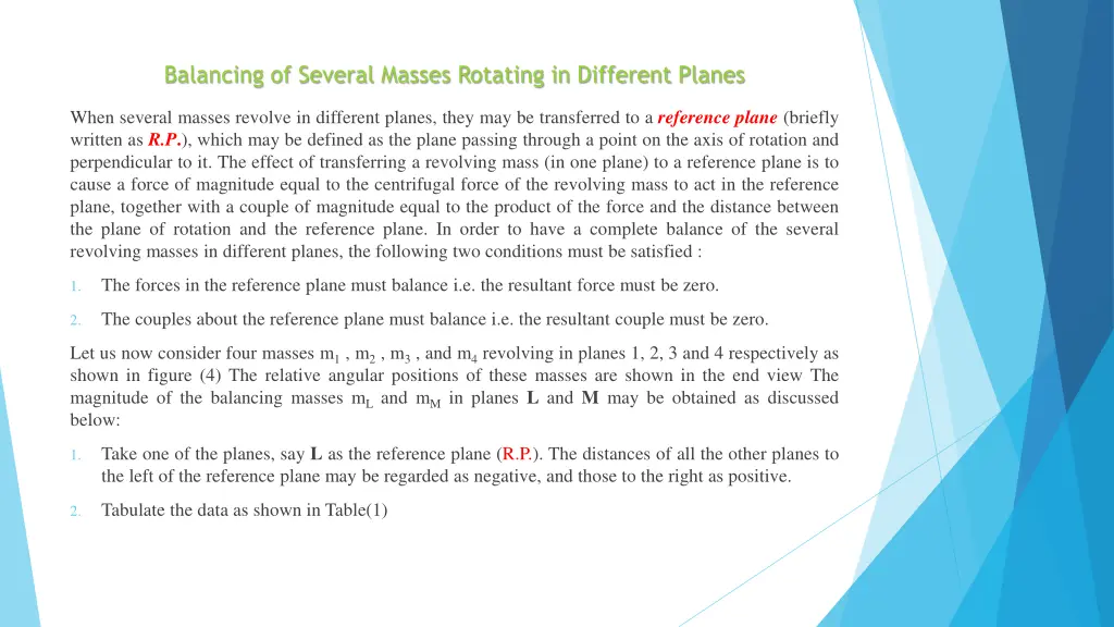 balancing of several masses rotating in different