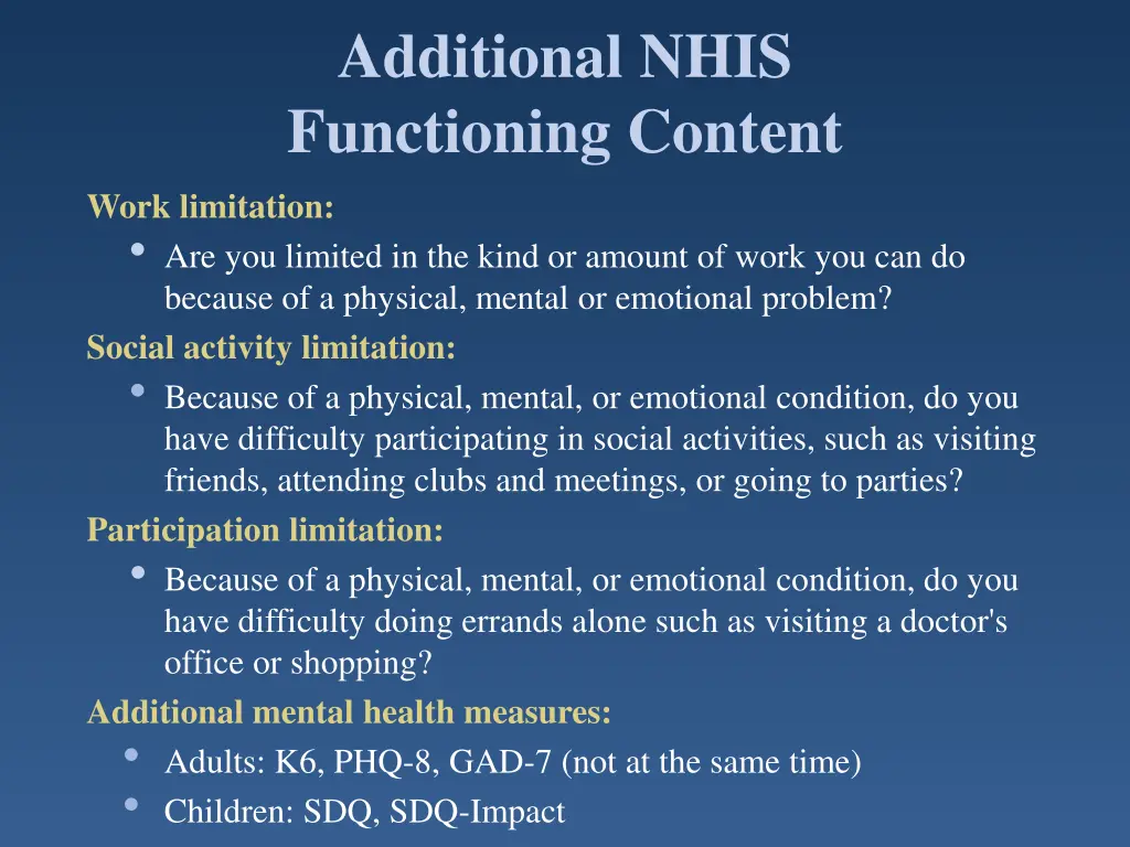 additional nhis functioning content