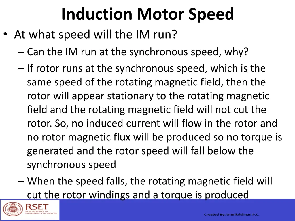 induction motor speed at what speed will