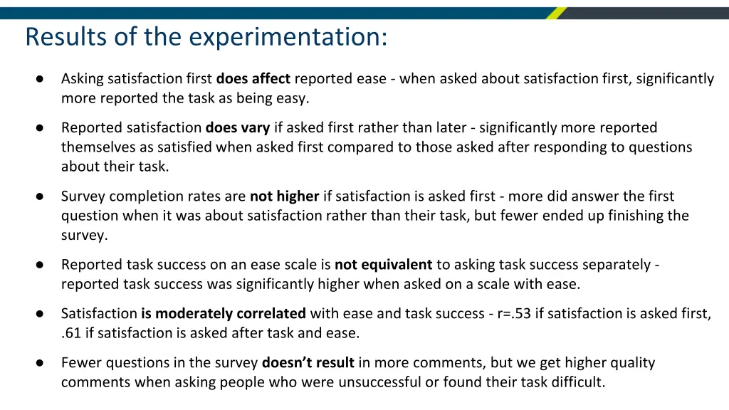 results of the experimentation