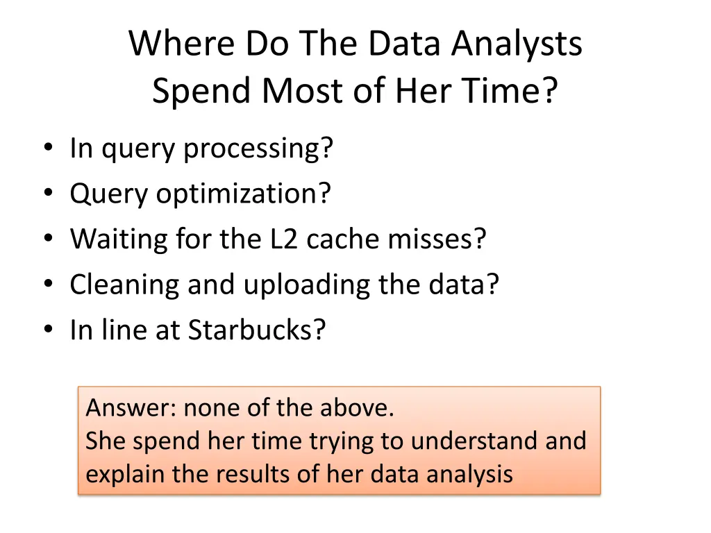 where do the data analysts spend most of her time