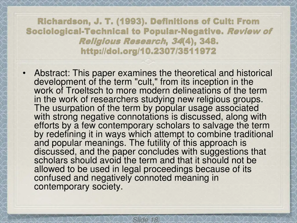 richardson j t 1993 definitions of cult from