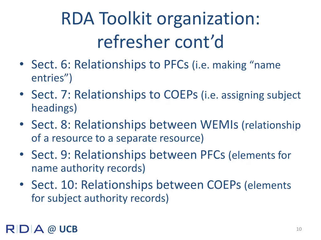 rda toolkit organization refresher cont d sect