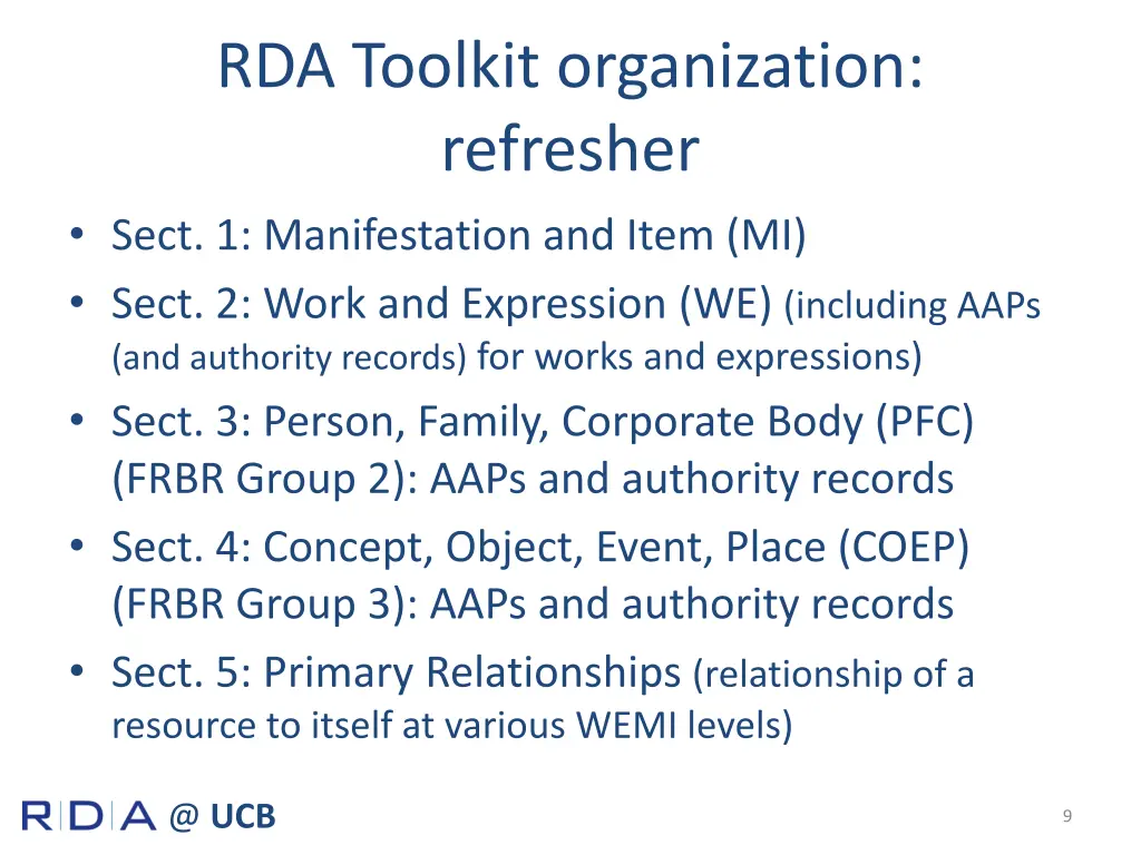 rda toolkit organization refresher sect