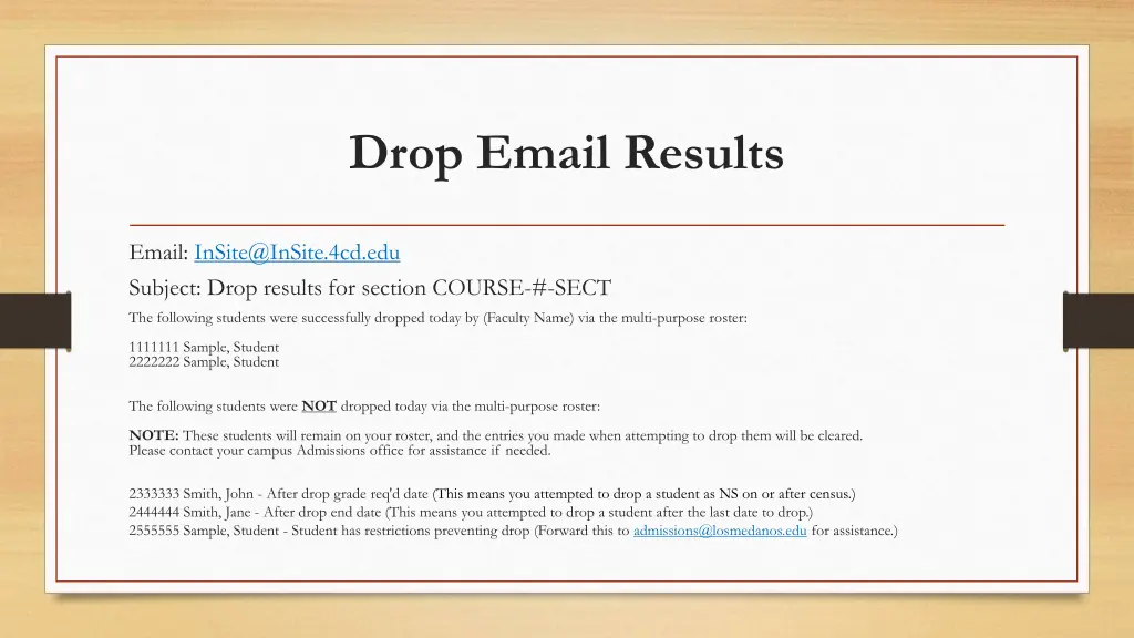 drop email results