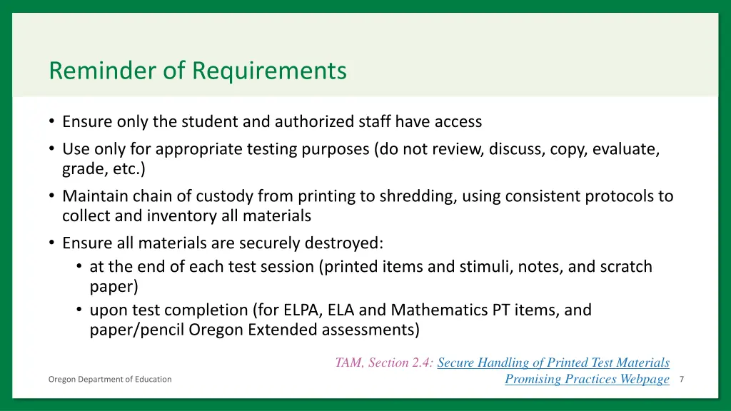 reminder of requirements