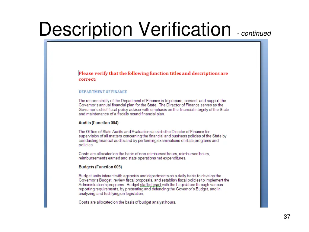 description verification continued