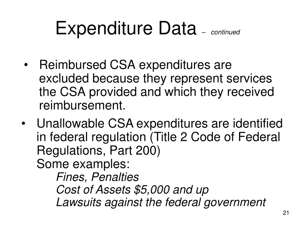 expenditure data continued